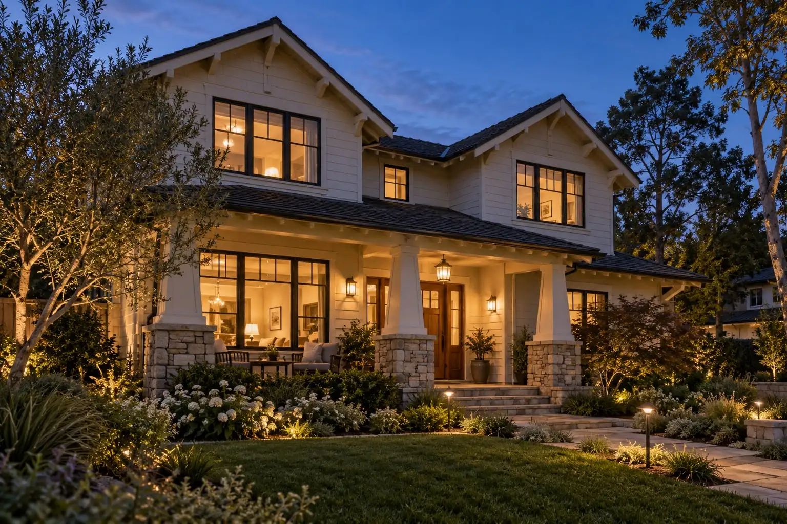 Welcoming craftsman-style home with glowing windows at dusk