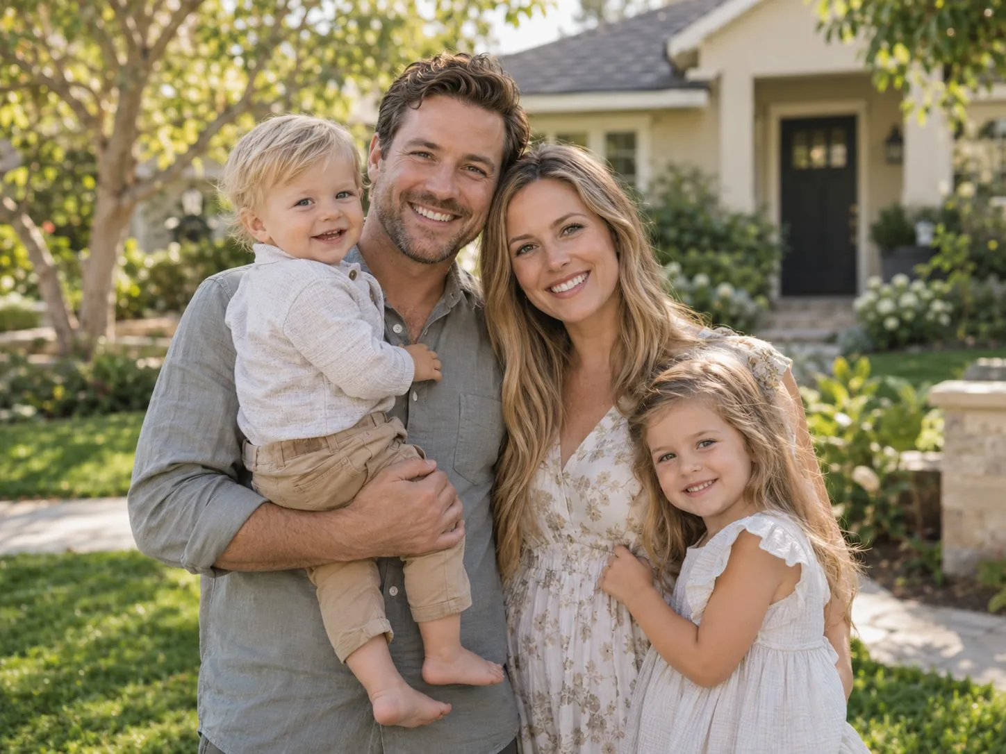 A father, mother and their two children outside their home