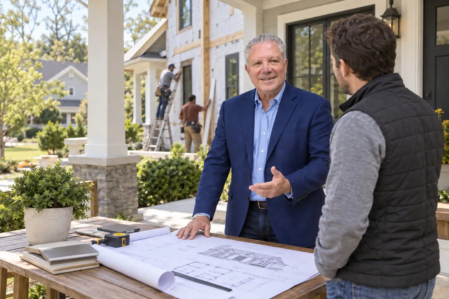 Illustration of Joe Homs advising an investor outside a home renovation
