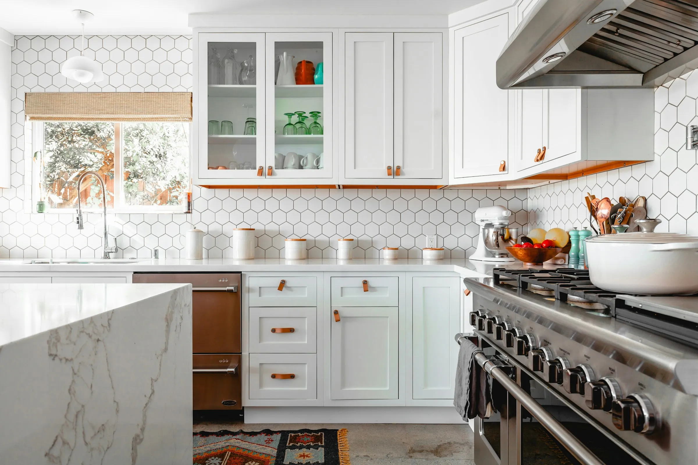 Bright white kitchen with a large island