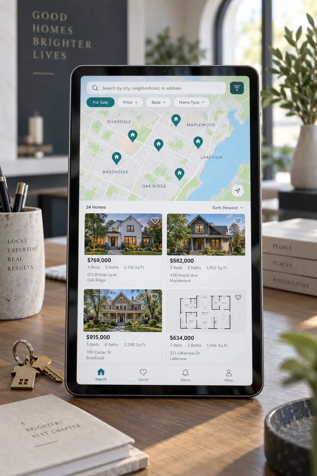 Tablet displaying a property-search map, home listings and a floor plan