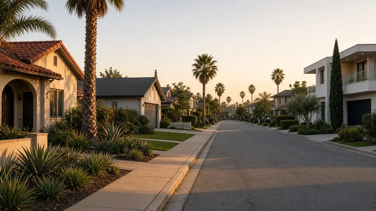 Late-afternoon Orange County street of varied stucco, ranch, and modern homes with palm trees