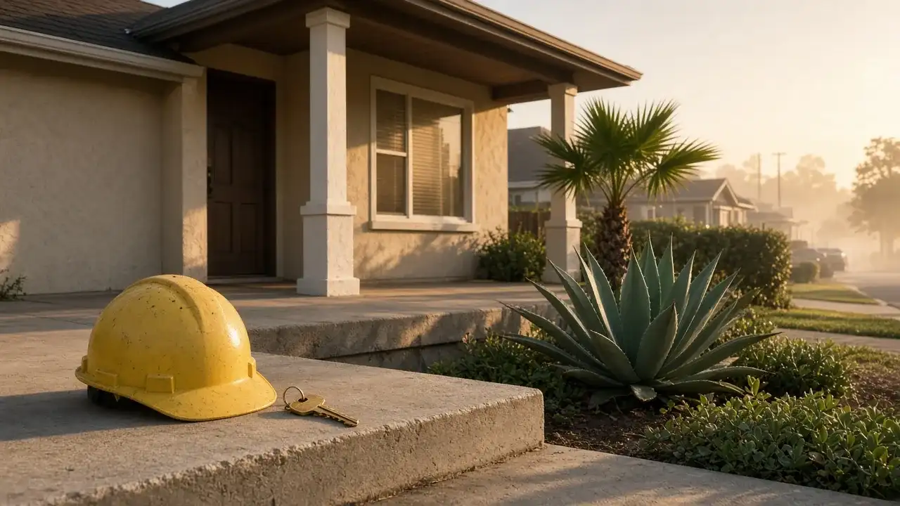 Early-morning Orange County house with a hard hat and house key on the front porch