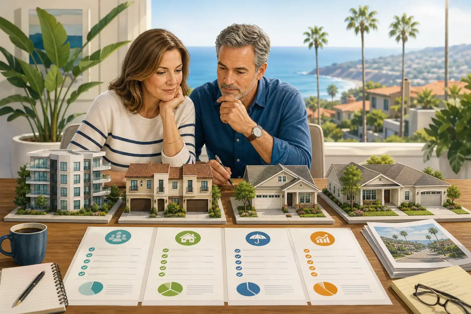 Editorial illustration of a homeowner comparing hidden costs of different downsizing property options in Orange County.