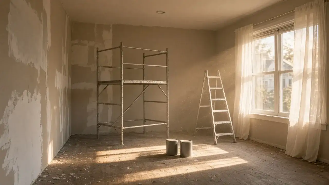 Empty room under renovation with scaffolding, a ladder, and warm afternoon light