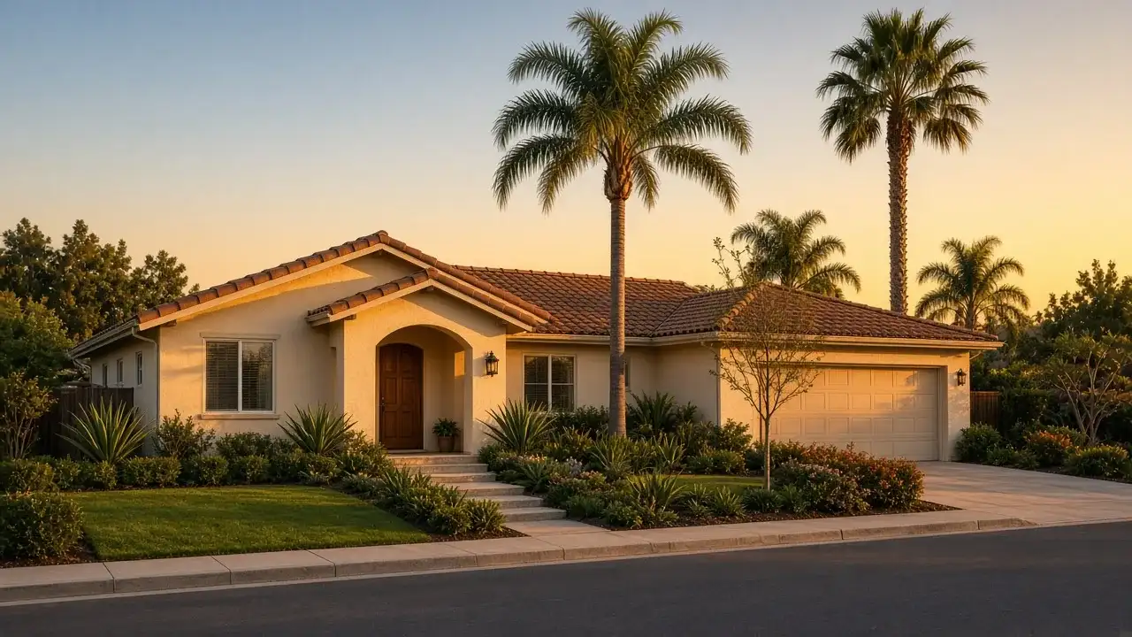 Golden-hour view of a renovated stucco house and palm trees on a quiet Orange County street