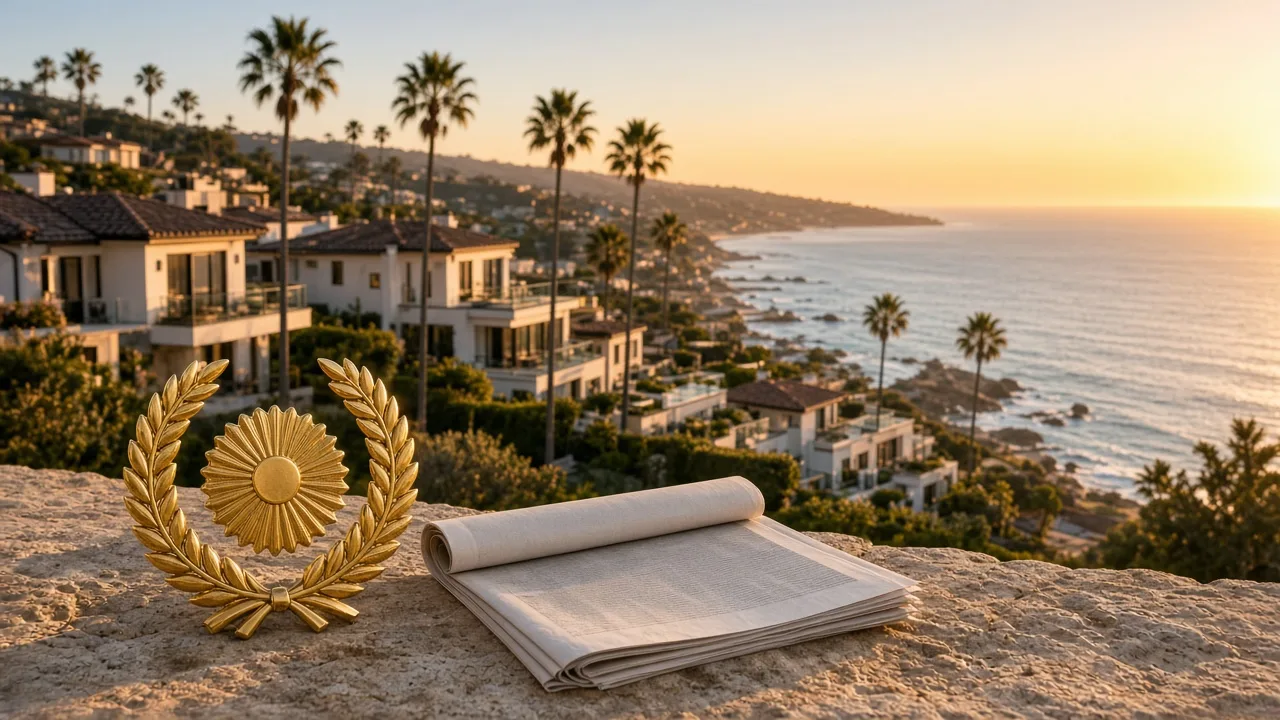 Golden-hour view of an Orange County coastal neighborhood with a gold award laurel and newspaper