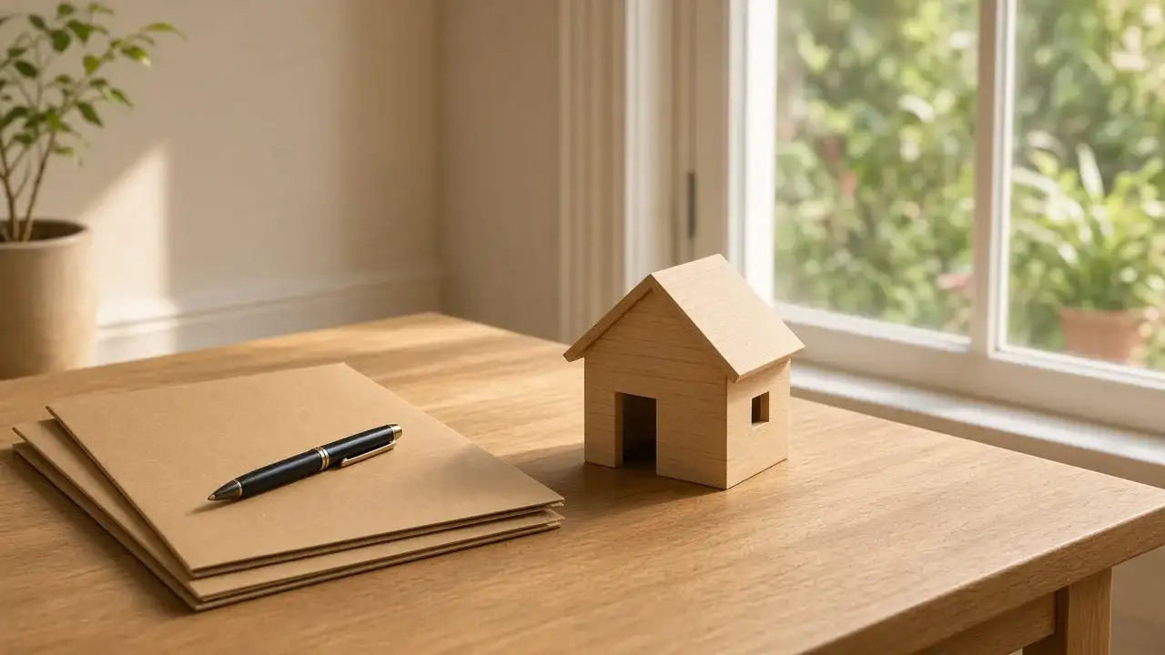 Home-office desk with closed folders and a small wooden house model in warm window light