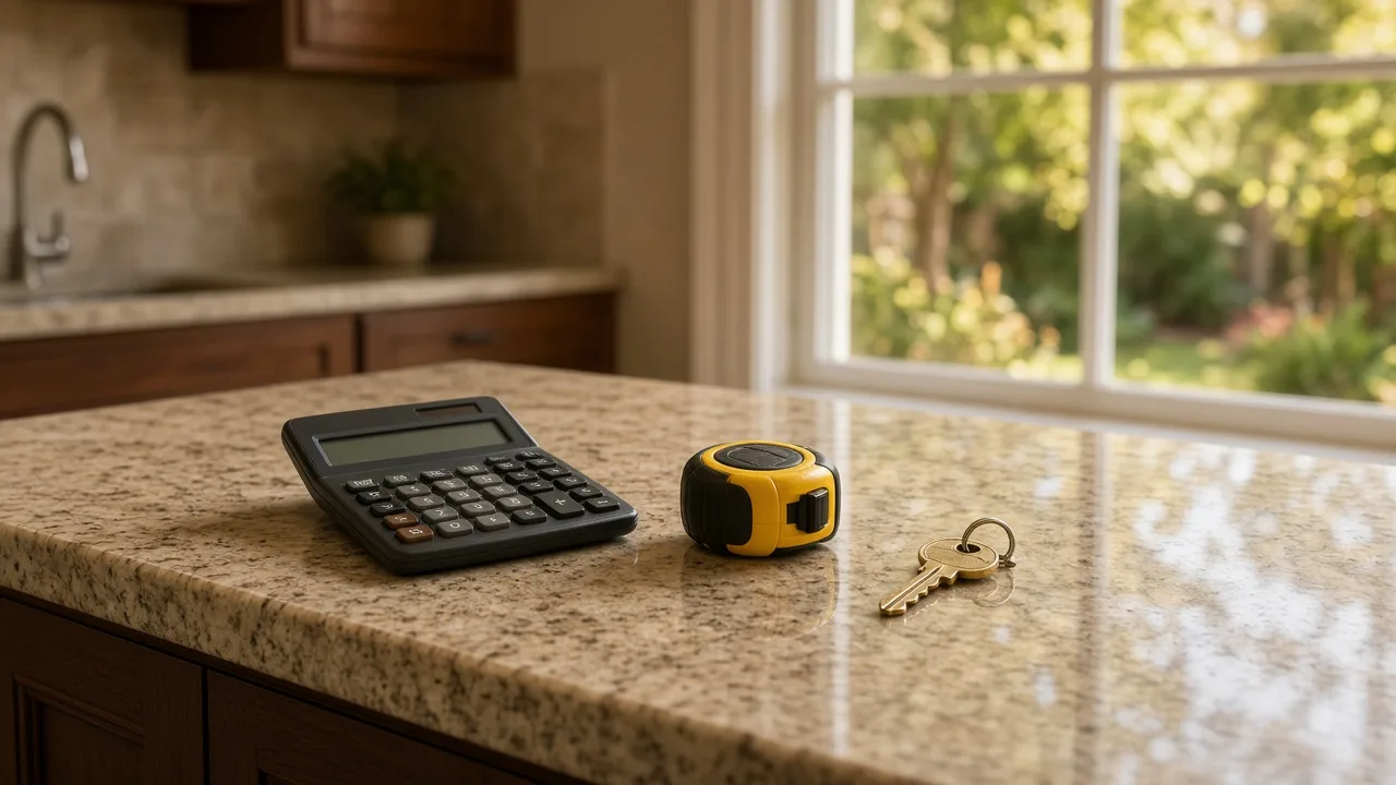 Calculator, tape measure, and a house key on a warm kitchen island in a Southern California home
