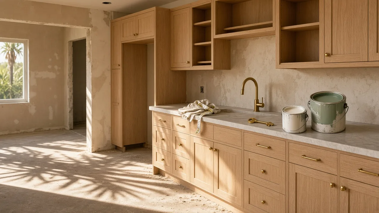 Sunlit Orange County kitchen mid-renovation with house keys, a tape measure, and open paint cans