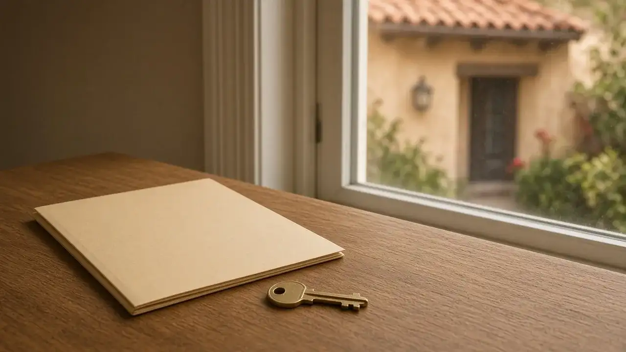 House keys and a closed folder on a wood table, with a blurred home exterior through the window